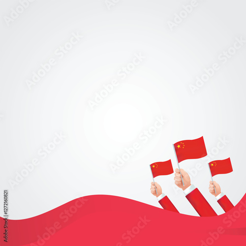 China National day. 1st October National day of the People's Republic of China celebration banner with its flags, red lanterns, abstract art elements.