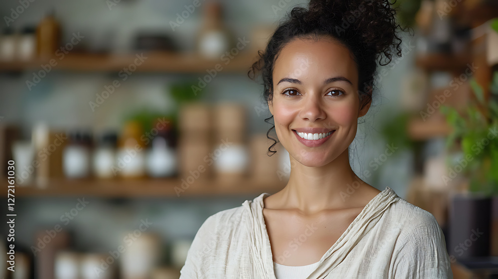 Retail shop owner showcasing net zero certification in eco-friendly store urban environment business portrait sustainability concept Retail shop owner showcasing net zero certification in eco-friendly store urban environment business portrait sustainability concept