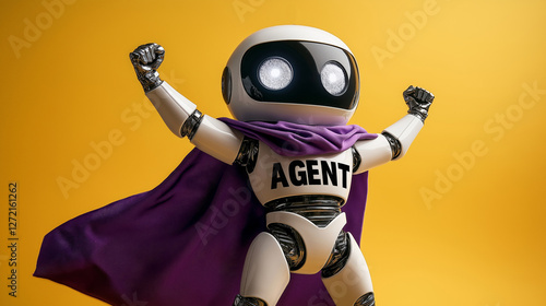 An AI agent humanoid robot wearing a superhero cape symbolizing agentic autonomy and the automation of work in the future using autonomous technology and AGI
