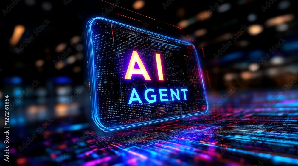 Fototapeta premium The words AI Agent on a futuristic background symbolizing future agentic autonomy and automation using a chatbot assistant for copilot support through AGI technology for bot assistance