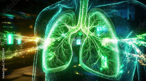  A computer-generated image depicts human lungs emitting glowing green and blue lights