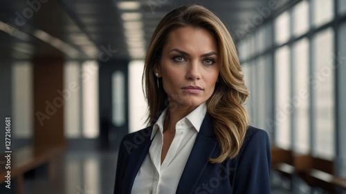 Confident businesswoman poses in modern office setting, showcasing professionalism and determination Free Download Confident businesswoman poses in modern office setting, showcasing professionalism and determination - GFXLoad
