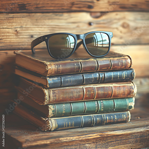 Vintage sunglasses rest atop a stack of antique books, suggesting a moment of paused reading or intellectual contemplation. photo