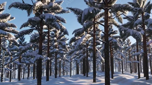 Snow-covered forest with tall trees under clear blue sky