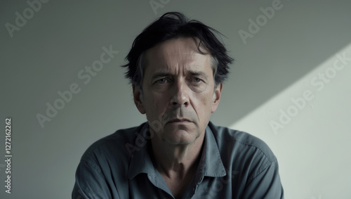 Portrait of a middle-aged man in contemplative mood with soft lighting in a simple indoor setting