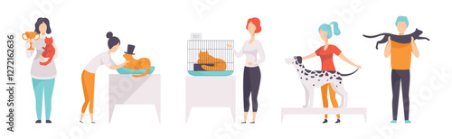 People with Cat and Dog of Different Breed Vector Set