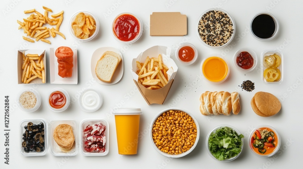 Plentiful array of fast food delights lies spread out, featuring crispy fries, sauces, salads, and savory bites, all arranged beautifully on a clean white surface Plentiful array of fast food delights lies spread out, featuring crispy fries, sauces, salads, and savory bites, all arranged beautifully on a clean white surface