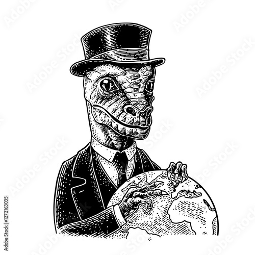 Reptilian dressed in a hat, suit, waistcoat hold globe. Vector black engraving vintage illustrations. Isolated on white background