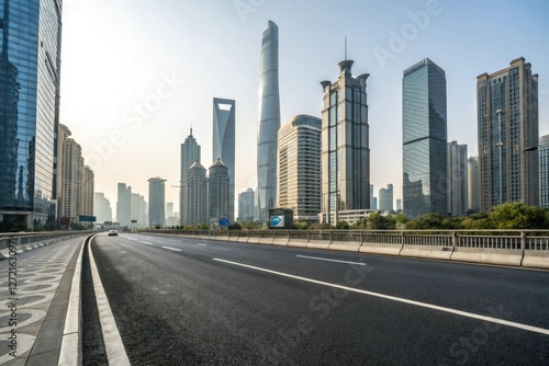 Empty asphalt road passing through the heart of a modern city amidst towering skyscrapers and office buildings, skyscraper, empty road, urban sprawl