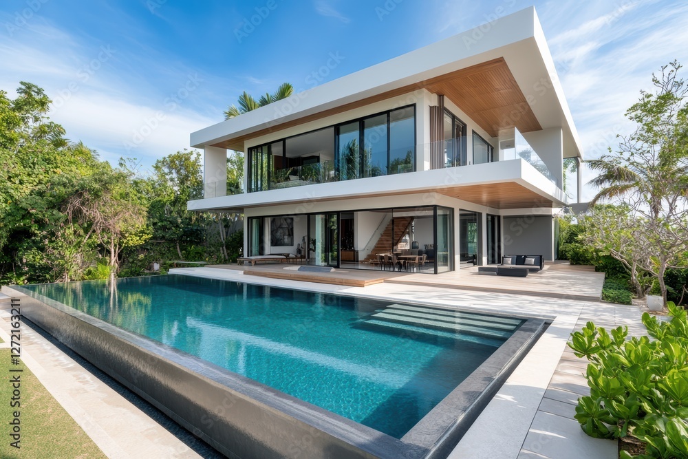 Modern beachfront house with sparkling pool surrounded by lush greenery