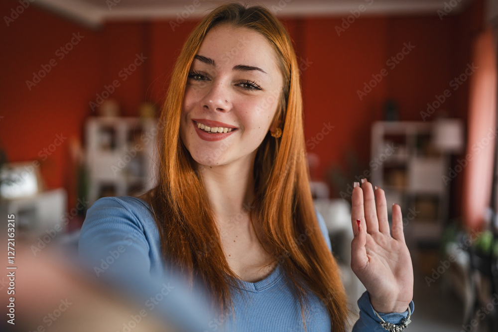 © Miljan Živković - self portrait on mobile phone of young red head girl at home © Miljan Živković - self portrait on mobile phone of young red head girl at home