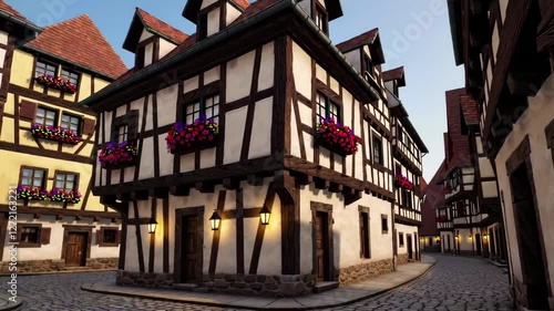 Quaint houses with flowers in charming cobblestone street scene