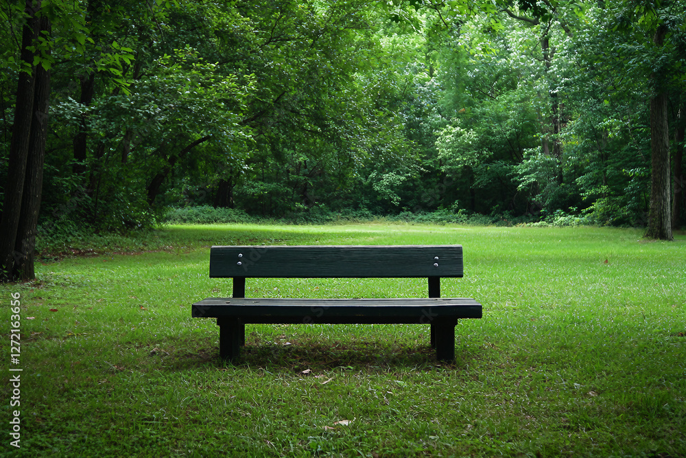 Serene generative ai depiction of an empty park bench surrounded by lush greenery, tranquil nature and solitude Serene generative ai depiction of an empty park bench surrounded by lush greenery, tranquil nature and solitude