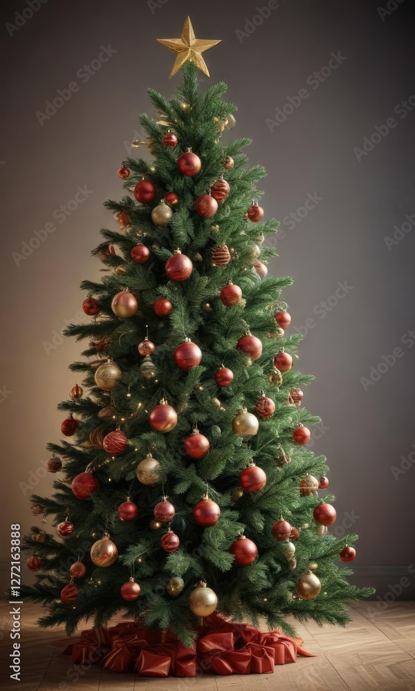 Fir Christmas tree with ornaments on branches , holly, snowflake, christmas tree Fir Christmas tree with ornaments on branches , holly, snowflake, christmas tree