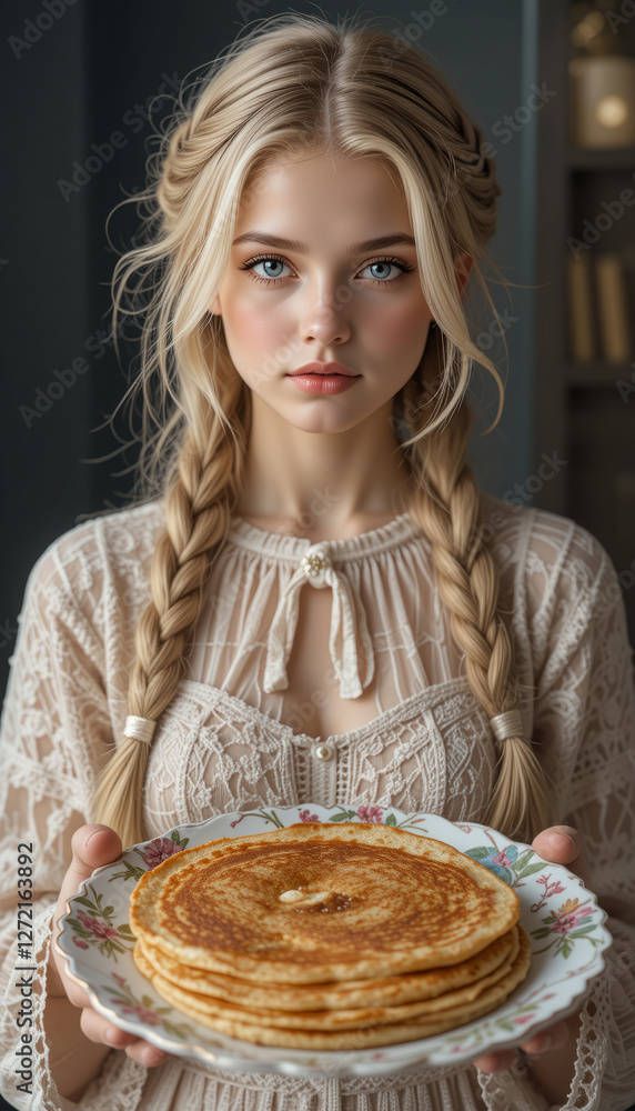 Delicious golden pastries served by a young woman in a cosy kitchen on a sunny morning. Maslenitsa Delicious golden pastries served by a young woman in a cosy kitchen on a sunny morning. Maslenitsa