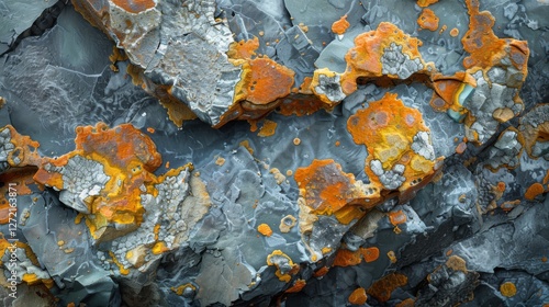 Intricate patterns of orange lichen contrast against gray rock textures, highlighting the beauty of nature's artistry in a serene outdoor setting under bright daylight. photo