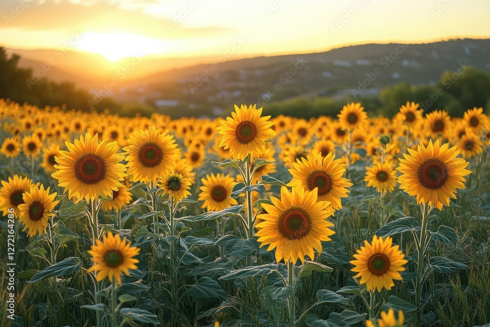 Obraz premium Golden sunflowers bloom in a picturesque field at sunset
