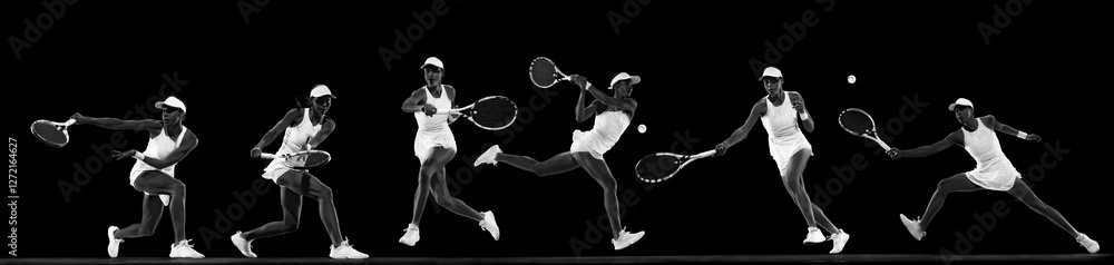 Fototapeta premium Dynamic collage. Tennis athlete swinging, serving, backhand strokes in fluid motion against black studio background. Concept of professional sport, precision, speed, competitive focus, match.