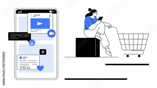 Woman using her mobile phone, seated next to an empty shopping cart. Smartphone screen showing social media icons, video, text. Ideal for e-commerce, online shopping, digital marketing, social media