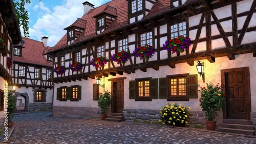 Charming village street with traditional houses and blooming flowers