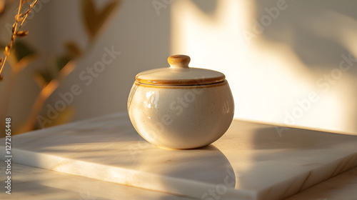 Ceramic Jar with Lid: A simple, elegant storage solution illuminated by soft, warm sunlight. Minimalist aesthetic.