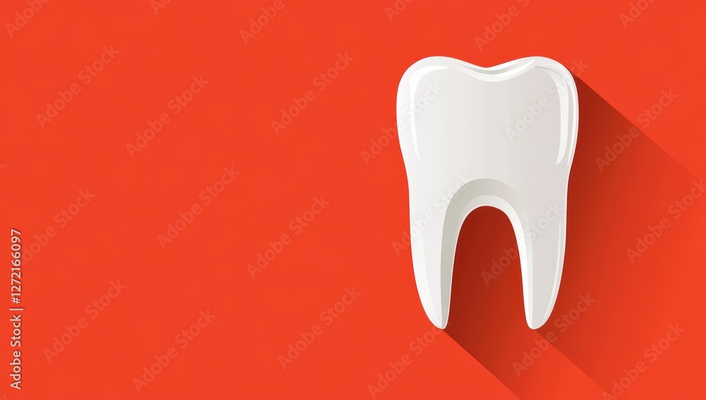 White tooth icon on a red background with long shadow effect representing dental care and oral health White tooth icon on a red background with long shadow effect representing dental care and oral health