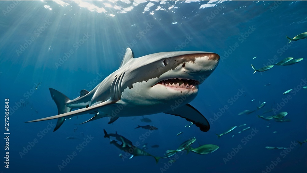 Fototapeta premium Great White Shark Gliding in Crystal-Clear Ocean Waters