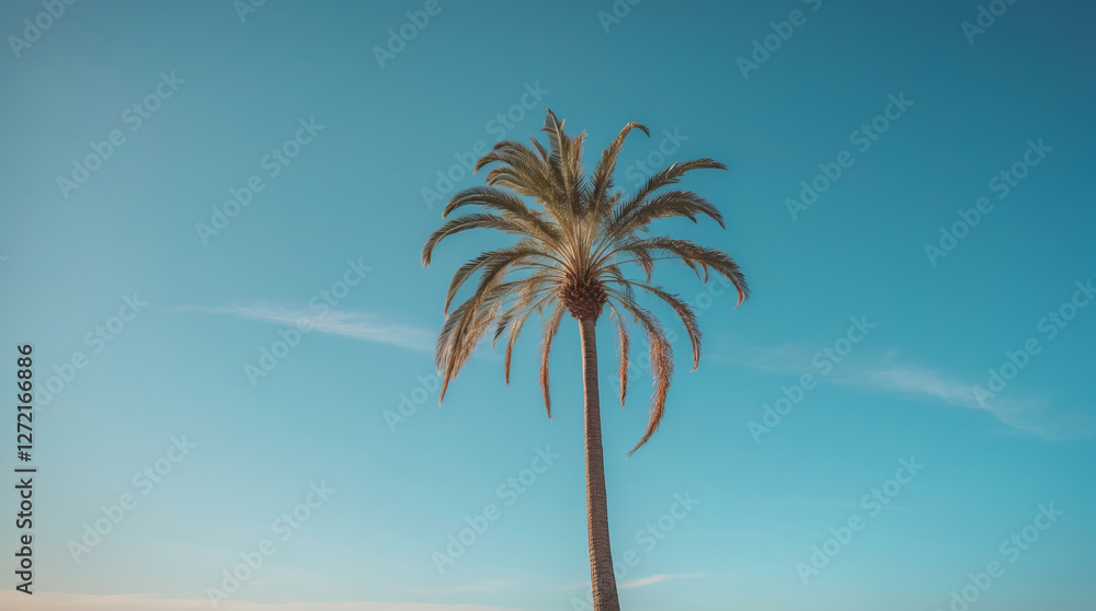Obraz premium Lonely palm tree standing against a clear blue sky on a sunny day in a serene tropical landscape