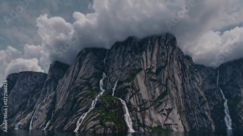 Waterfalls cascading down rocky cliffs under cloudy sky