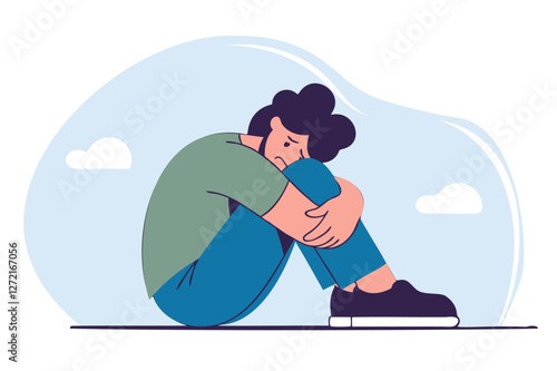 Sad guy hugging his legs. Depression, melancholy, negative emotions. Mental health problems