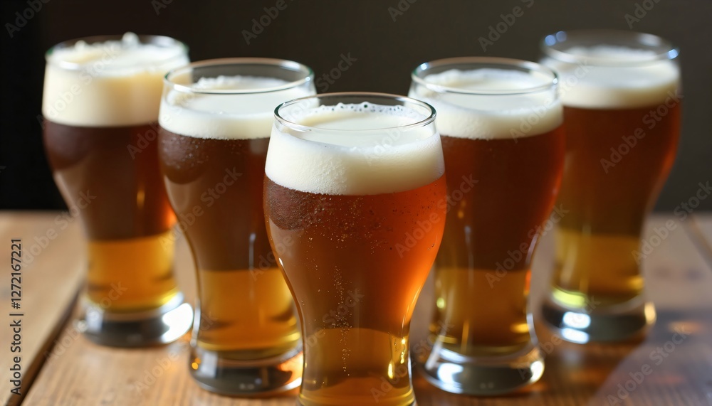Five glasses of frothy craft beer on wooden table. Five glasses of frothy craft beer on wooden table.