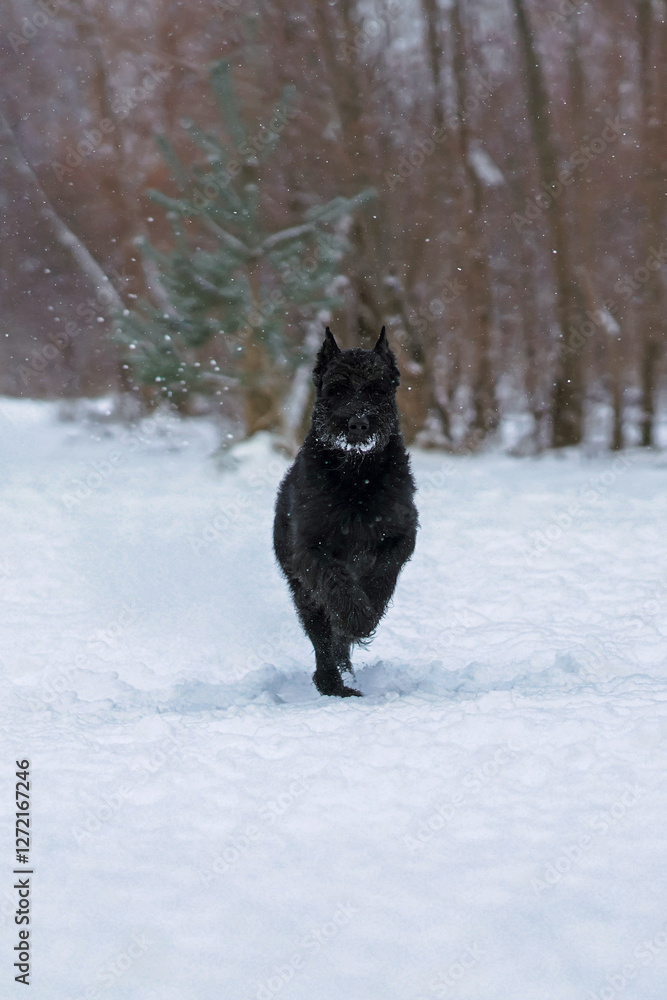 Black Giant Schnauzer dog with cropped ears running fast on a snow in winter Black Giant Schnauzer dog with cropped ears running fast on a snow in winter
