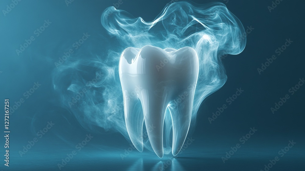 Shiny White Tooth with Radiant Light Swirls | Clean and Healthy Dental Concept on Smooth Blue Background Shiny White Tooth with Radiant Light Swirls | Clean and Healthy Dental Concept on Smooth Blue Background