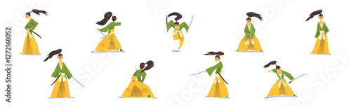Man Samurai Character in Kimono with Katana Vector Set