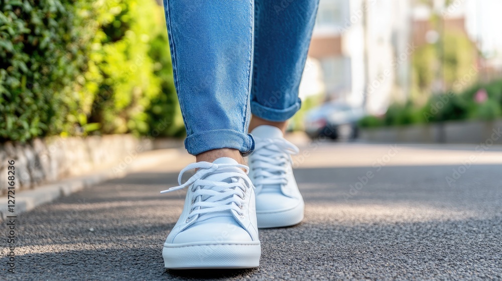Person walking outdoors in white sneakers and blue jeans on sunny day Person walking outdoors in white sneakers and blue jeans on sunny day
