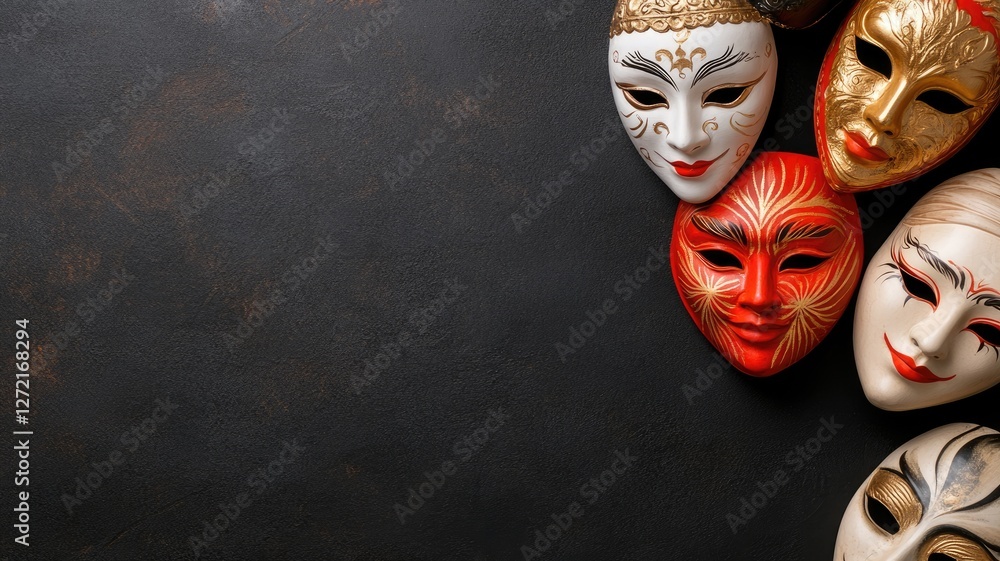 Decorative masks on dark background, concept of masquerade or carnival Decorative masks on dark background, concept of masquerade or carnival