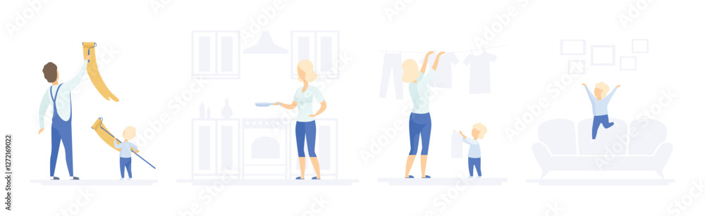 Parent with Little Kid Engaged in Different Activity at Home Vector Set Parent with Little Kid Engaged in Different Activity at Home Vector Set