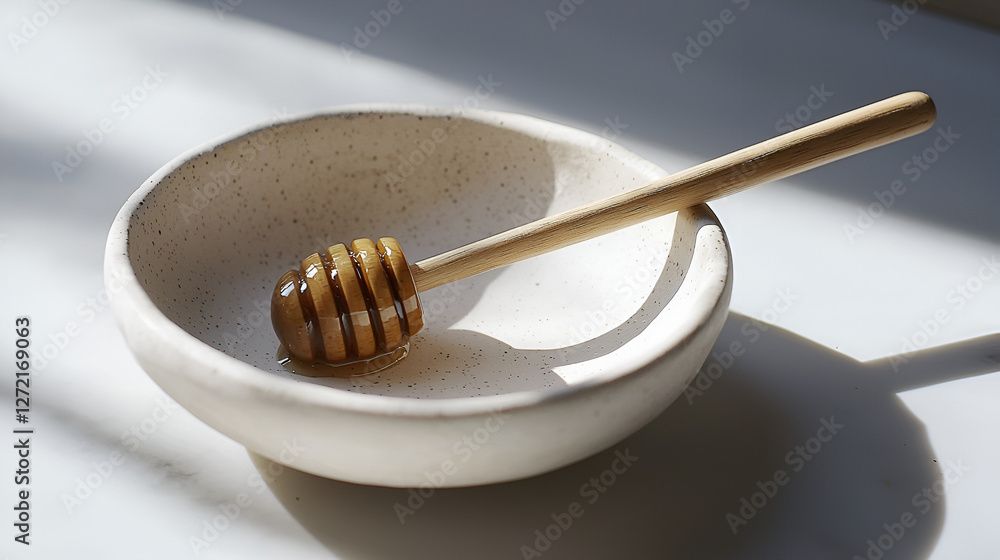 Honey dipper in a ceramic bowl on a brightly lit surface. Simple, rustic, and organic look and feel. Honey dipper in a ceramic bowl on a brightly lit surface. Simple, rustic, and organic look and feel.