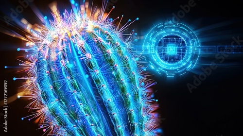   A photo of a cactus, illuminated from above by bright lights, against a circular background photo