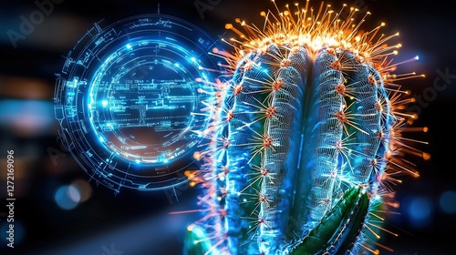    a cactus with bright lighting on its head and a clock in the backdrop photo