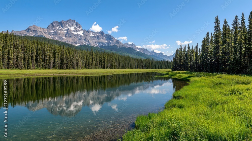 Serene Mountain Lake Reflection with Lush Green Vegetation Serene Mountain Lake Reflection with Lush Green Vegetation