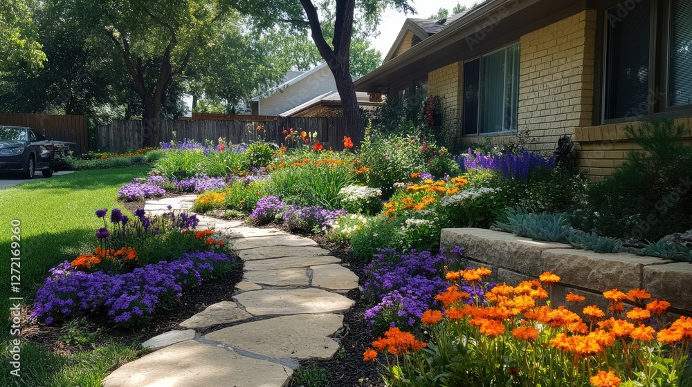 Fototapeta premium Stone path meanders through vibrant, colorful flowerbeds.