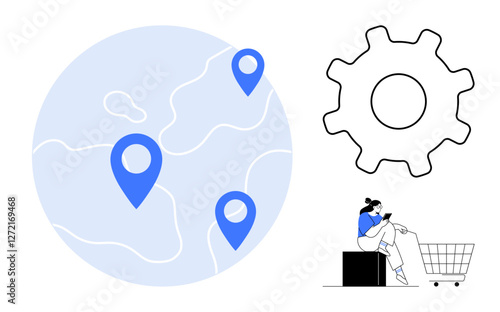 Three blue location markers on a light blue globe, large gear icon, woman with a cart checking list. Ideal for logistics, navigation, automation, efficiency, e-commerce, workflow global reach
