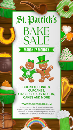 st patrick's day bake sale flyer with gingerbread cookies, donuts and cupcakes. saint patrick's day bake sale poster