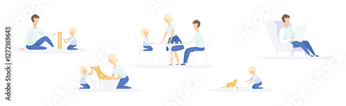 Parent with Little Kid Engaged in Different Activity at Home Vector Set