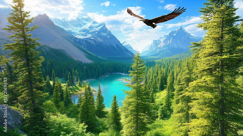 Naklejka premium Majestic eagle soars over alpine lake, mountain valley