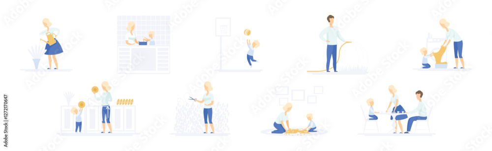 Parent with Little Kid Engaged in Different Activity at Home Vector Set Parent with Little Kid Engaged in Different Activity at Home Vector Set