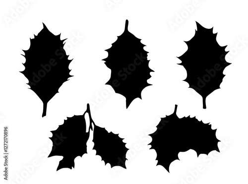 Holly Berries Leaves Icon, Holy Berry Grunge Leaf Symbol, European Ilex Branch silhouette, Xmas Sprig