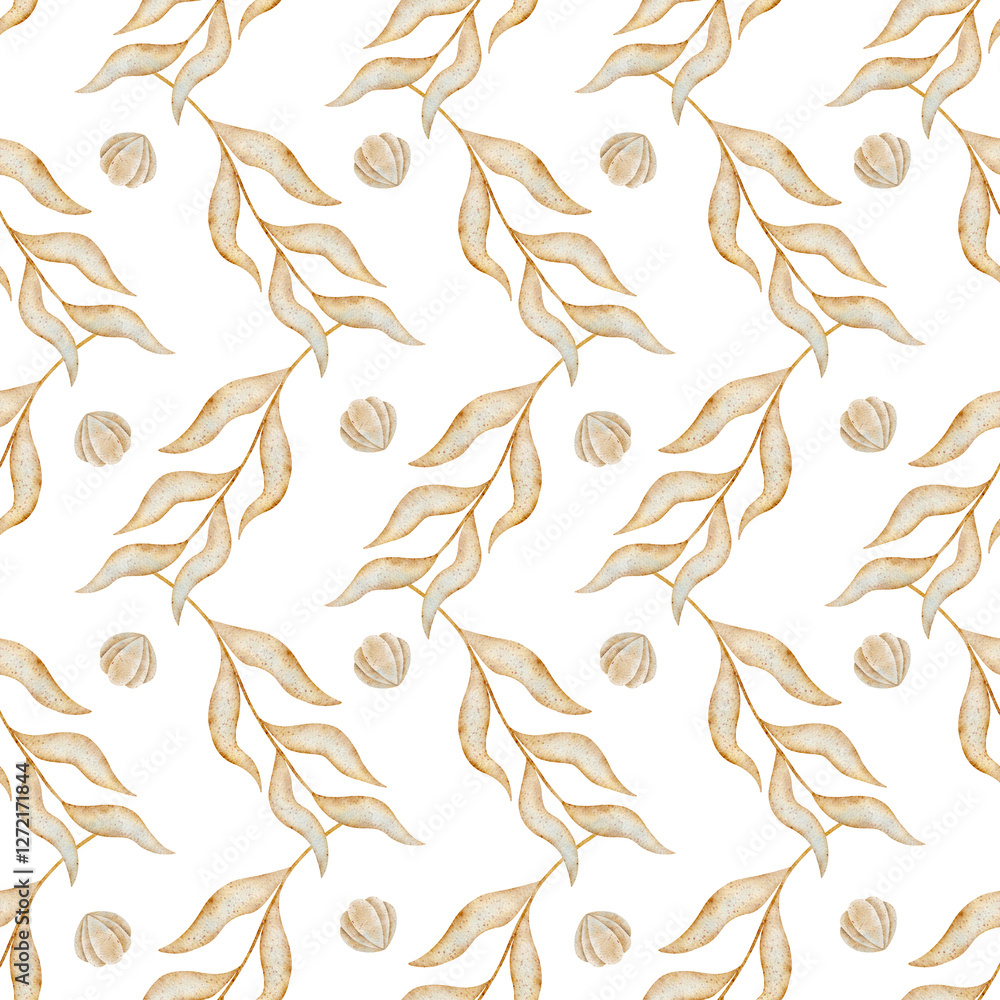 Watercolor pattern rhythmic seaweed, branches, shells. Hand-drawn illustration in marine style. Seamless summer print white background fabric, textile, packaging, clothes, wallpaper, clothing, summer Watercolor pattern rhythmic seaweed, branches, shells. Hand-drawn illustration in marine style. Seamless summer print white background fabric, textile, packaging, clothes, wallpaper, clothing, summer