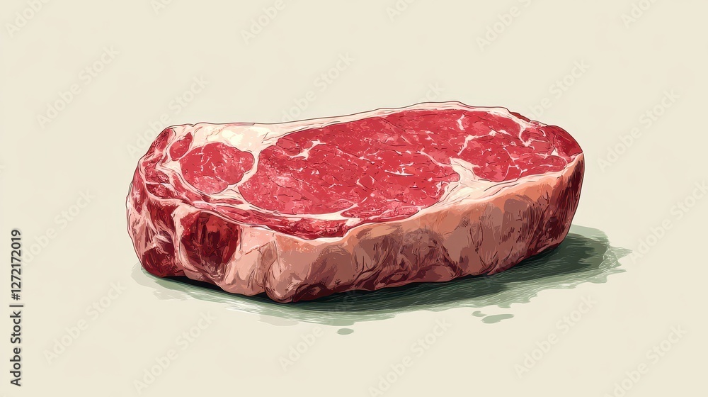 Fototapeta premium Realistic Illustrative Artwork of a Raw Marble-Cut Steak on a Smooth Surface Highlighting Texture and Freshness with Detailed Marbling Patterns